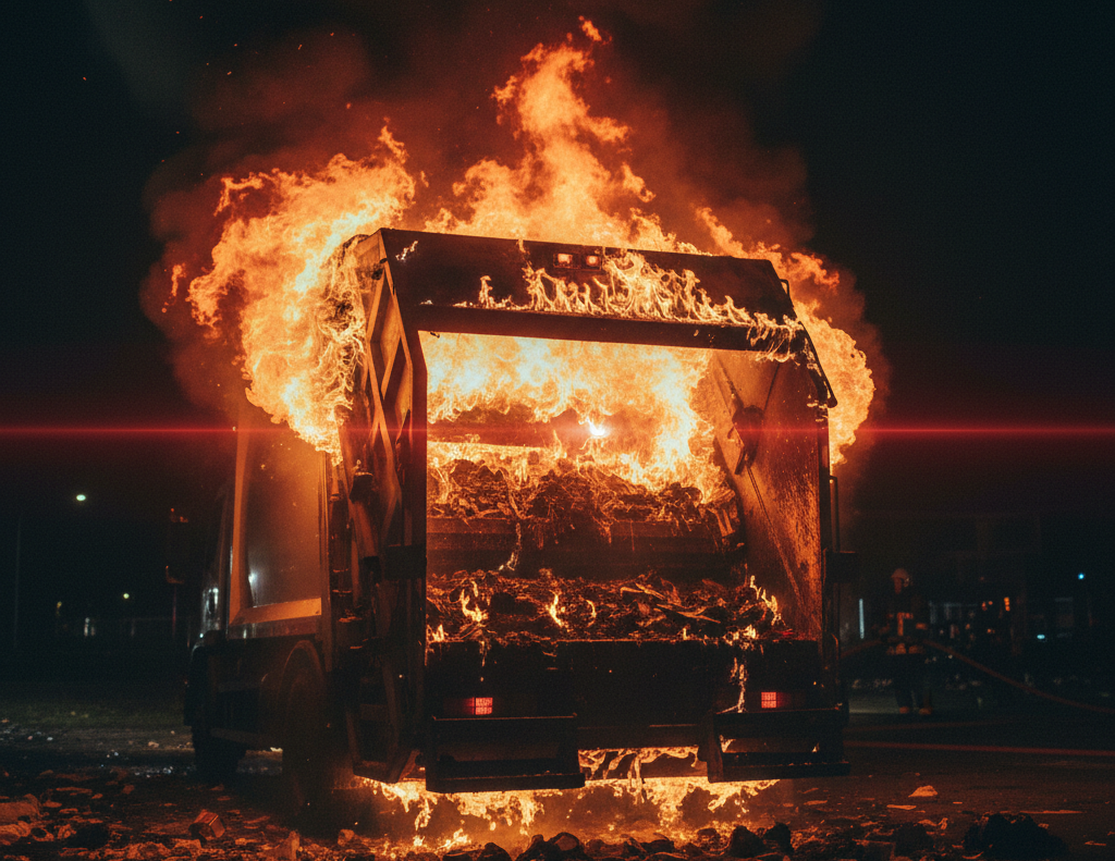 benne en feu à cause d'une batterie